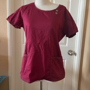 Burgundy medical scrub top: size small